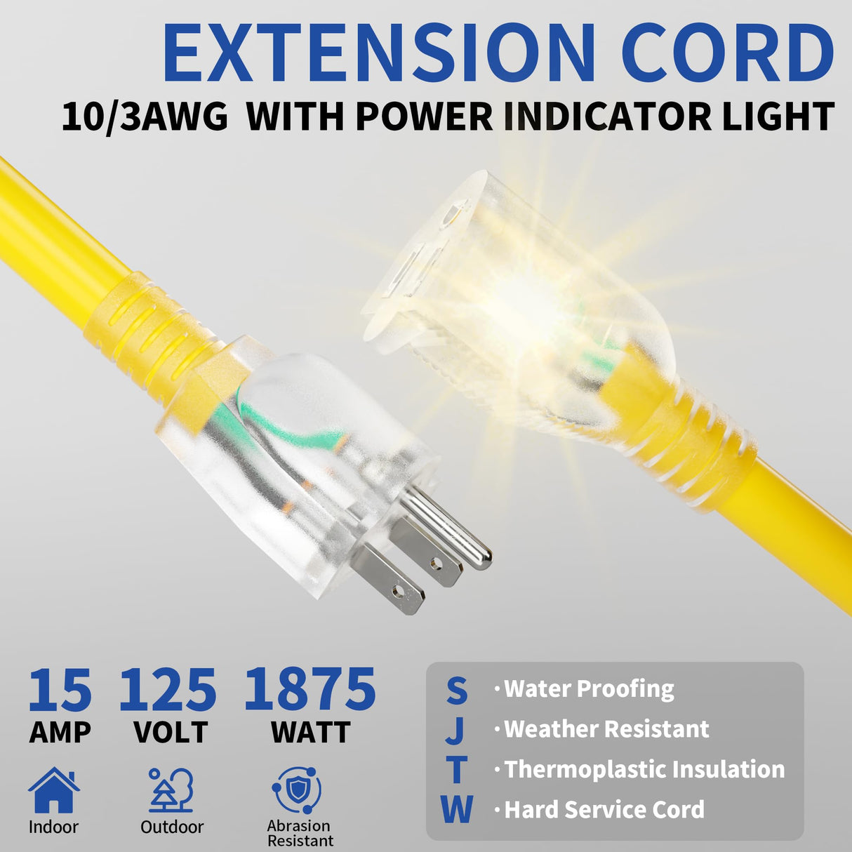Cismorvex 50ft Outdoor/Indoor Extension Cord with Lighted 10/3 Gauge Ultra 3 Prong Heavy Duty SJTW, Waterproof, Flexible Cold-Resistant,15A 125V 1875W, Yellow
