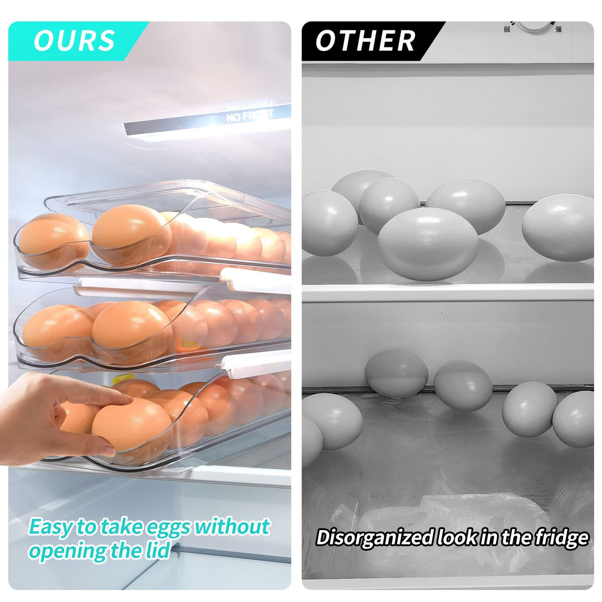 RoskDeewat Egg Holder for Fridge, Automatically Rolling Egg Container for Refrigerator, Clear Plastic Fridge Organizers and Storage with Lid, Stackable Egg Dispenser & Tray (3 Tier)