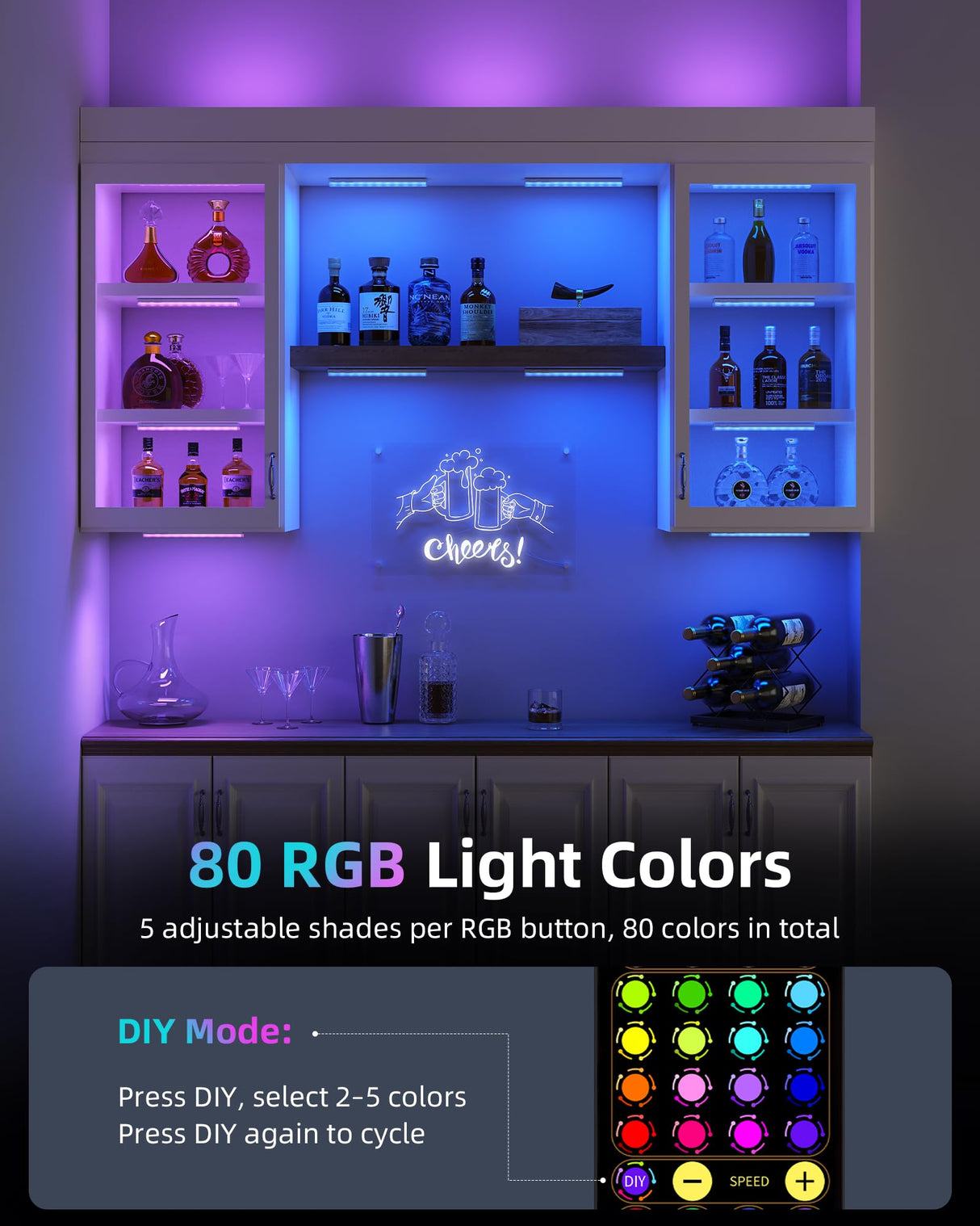 EZVALO 80RGB Color Changing Under Cabinet Lighting Wireless, 1800mAh Rechargeable Led Strip Shelf Lights, Timer & Dimmable Bar Light with Remote for Kitchen, Bedroom, Display Case, Car, 6Pack