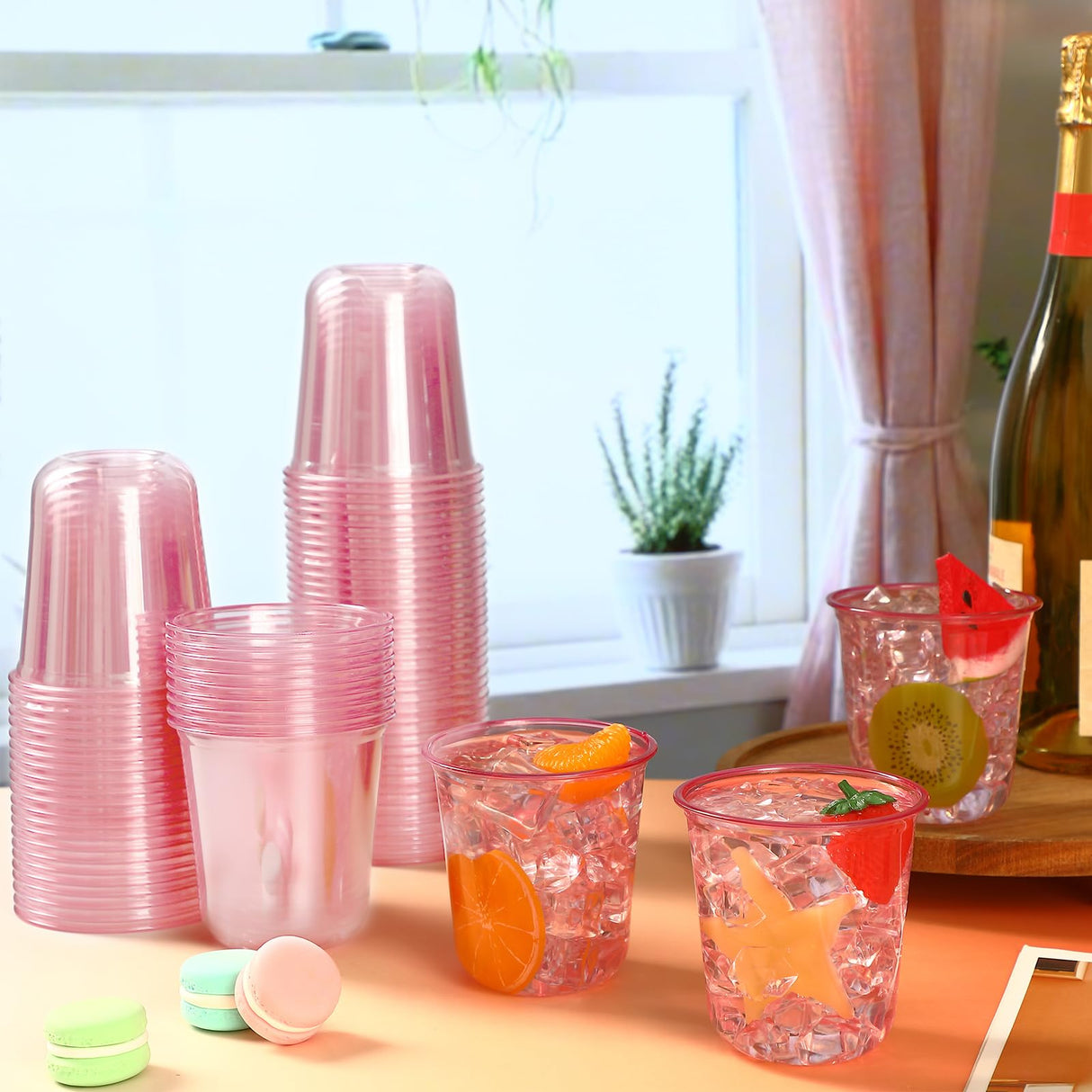 Ziliny 50 Pcs Disposable Stemless Glasses 12oz Crystal Plastic Wine Glasses Clear Classic Pet Cup for Meeting Weddings Birthdays Cocktail Christmas Party Supplies (Pink)