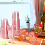 Ziliny 50 Pcs Disposable Stemless Glasses 12oz Crystal Plastic Wine Glasses Clear Classic Pet Cup for Meeting Weddings Birthdays Cocktail Christmas Party Supplies (Pink)