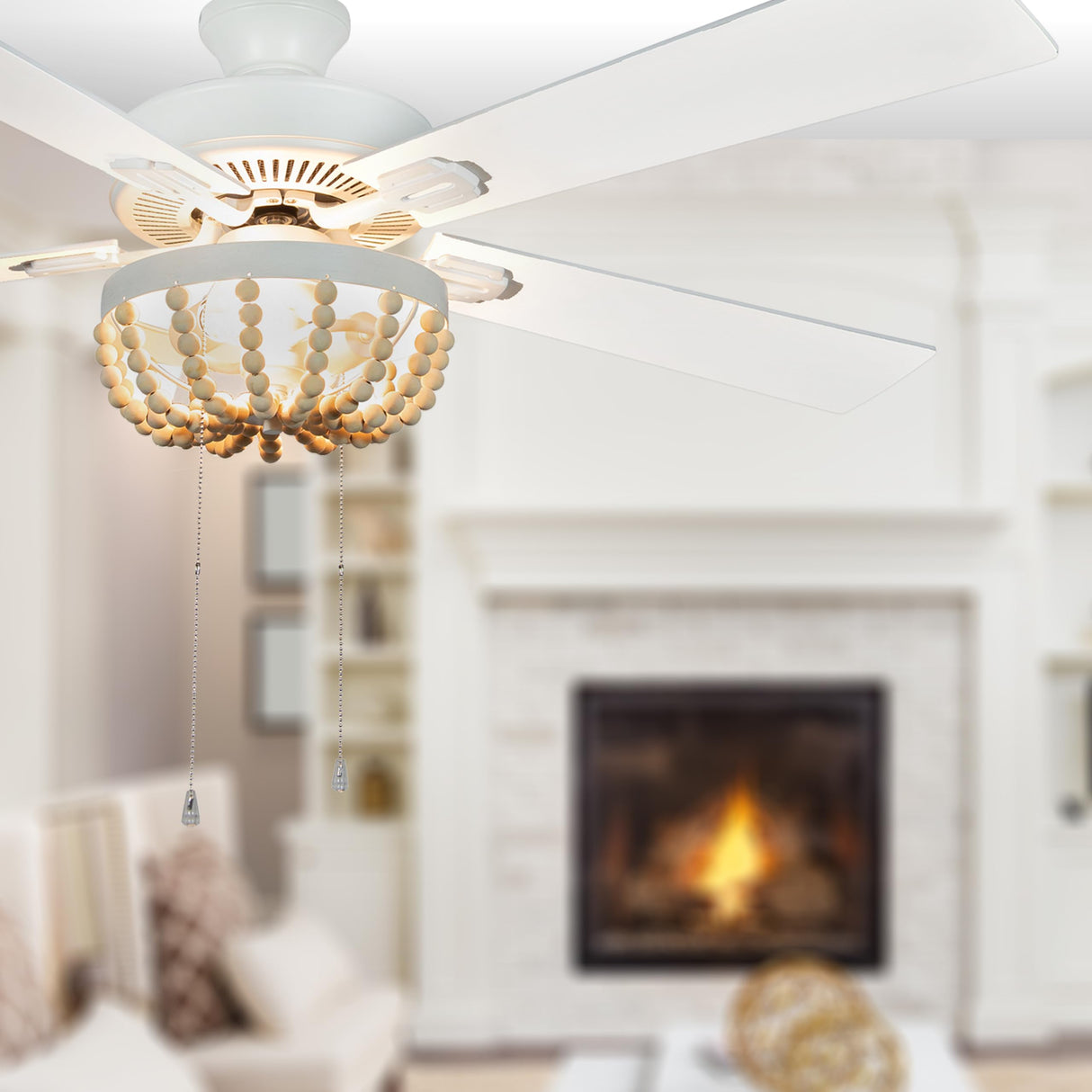 RIVER OF GOODS Coastal 52 Inch Wooden Bead LED Ceiling Fan, Cream