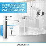 Bächlein High Faucet for Bathroom [Angular - Chrome] - Extra High Tap with 215mm Spout Height for Countertop Washbasin, Washbasin Water Tap High Spout