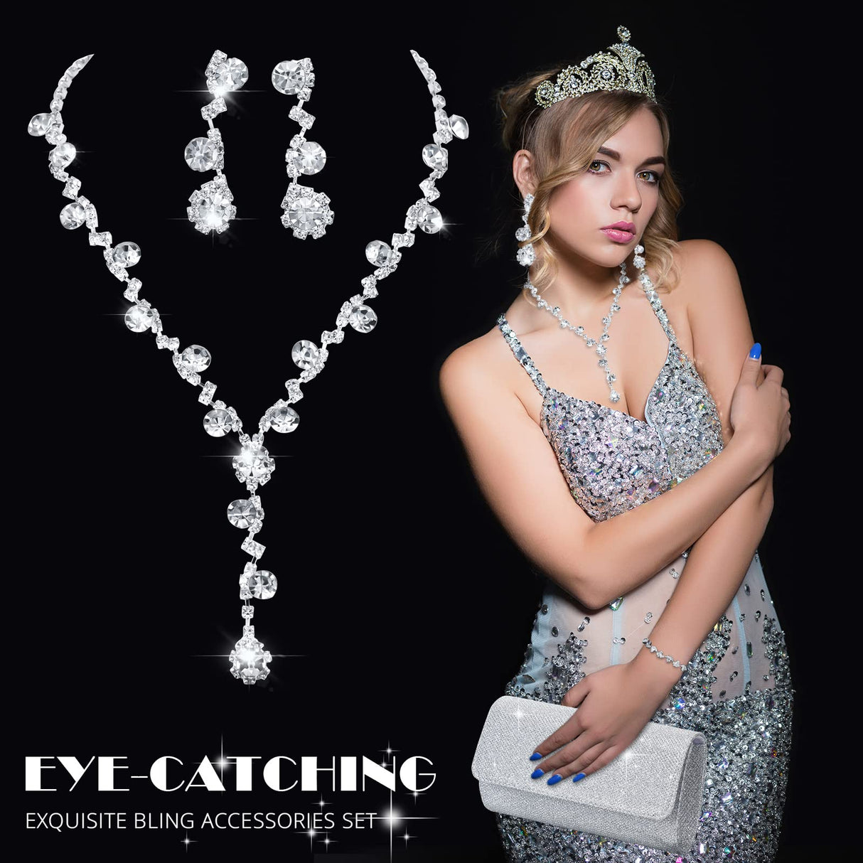 Meanplan 4 Pcs Silver Clutch Purse Jewelry Set for Women, Elegant Style