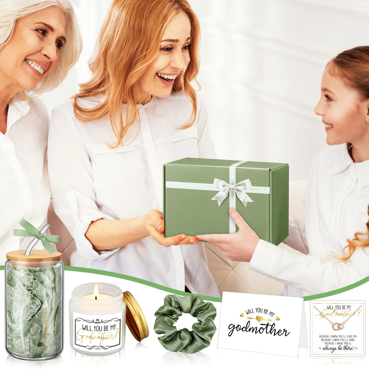 Singhoow 6 Pcs Godmother Proposal Gift Set Will You Be My Godmother 16oz Glass Cup Necklace Scented Candle Gift Box from Godchild for Mother's Dayy Christmas Birthday Baptism(Sage Green)