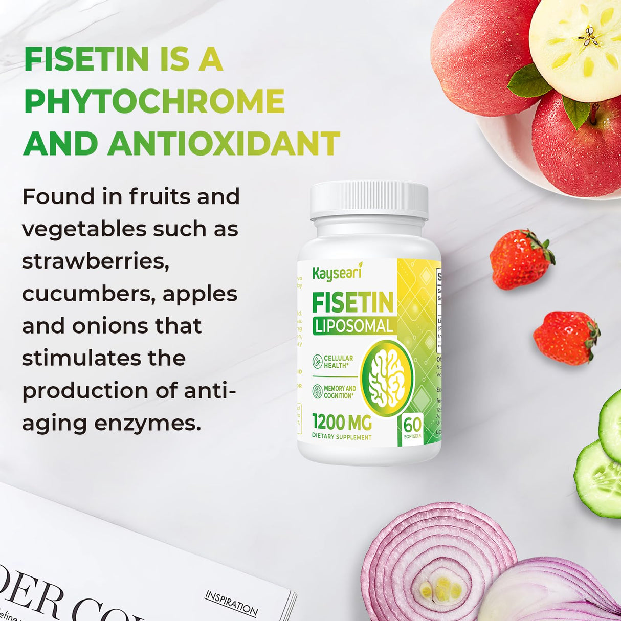 Kayseari Fisetin 1200mg Liposomal Fisetin Supplements 98% Pure Fisetin Polyphenols Antioxidants Immunity Health Aging Cognitive Support Non-GMO 60 Capsules