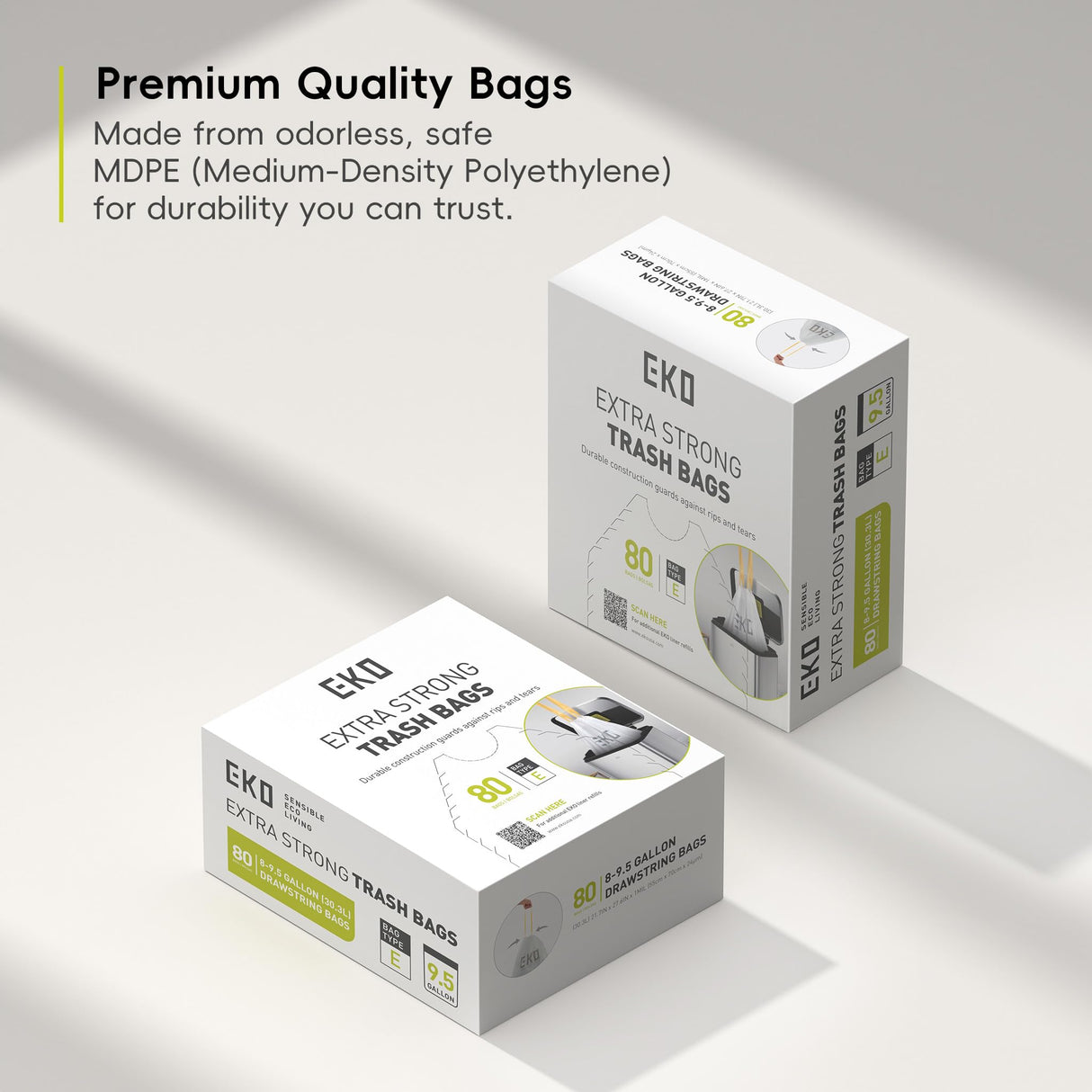 EKO Easy-Dispense Roll 80 Count Extra-Strong Drawstring Tall Kitchen Trash Bag, 8-9.5 Gallon Trash Bag (30.3L-36L) 1 Pack White, Code E