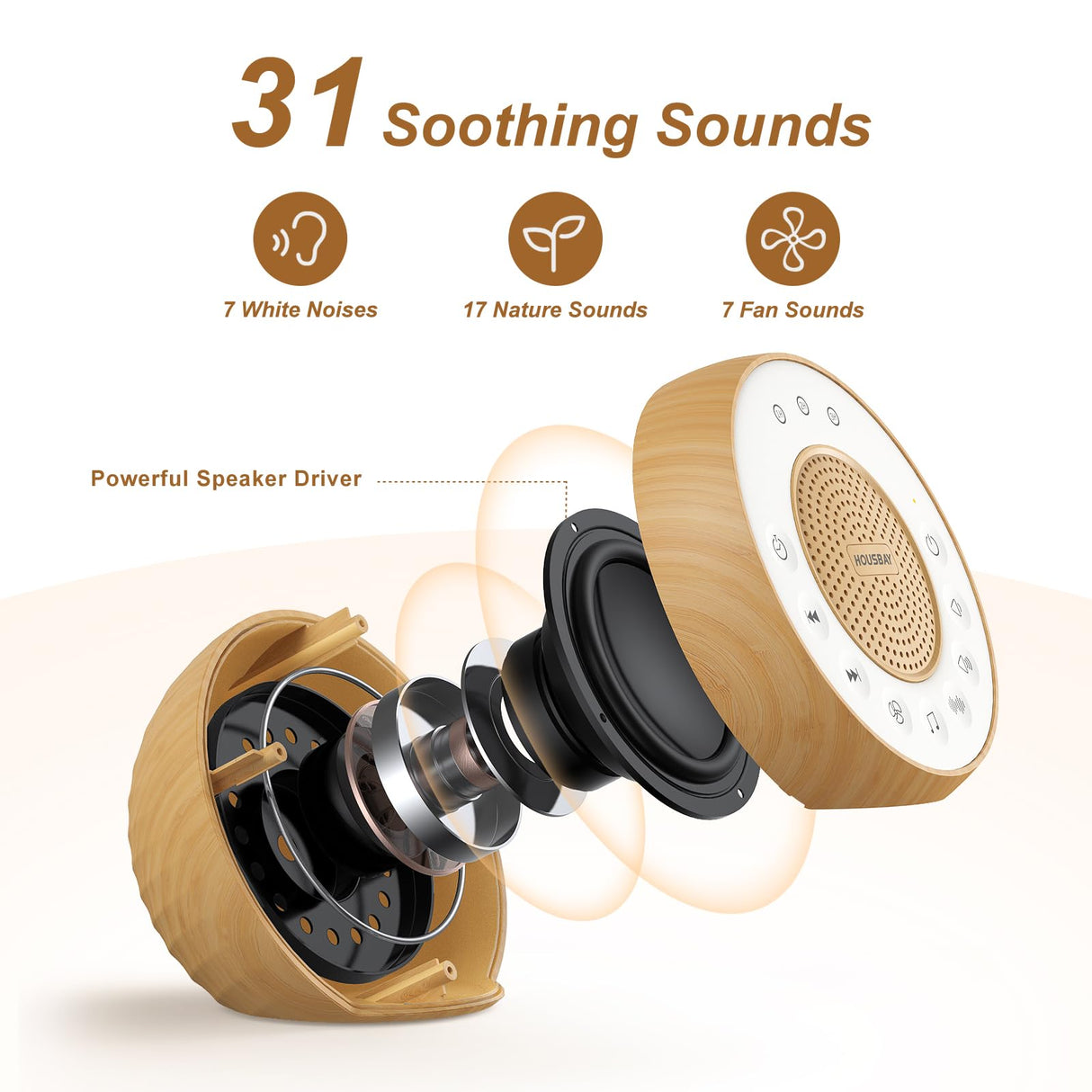 Housbay White Noise Sound Machine, 31 Soothing Sounds, 5W Loud Stereo Sound, Sleep Timer, Small Sleep Machine & Noise Canceling for Sleeping, Relaxation