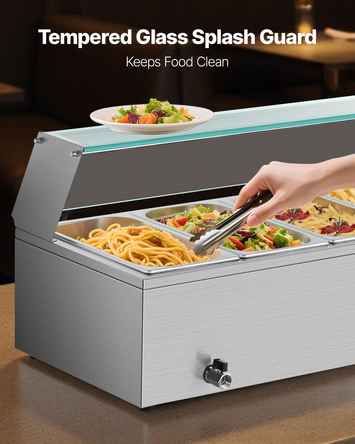 VEVOR Commercial Food Warmer, 1500W Electric Stainless Steel Steam Food Warmer with Glass Cover, 6 x 1/3 Size Pans Buffet Bain Marie with Soup & Perforated Ladles, for Catering, Restaurant & Party