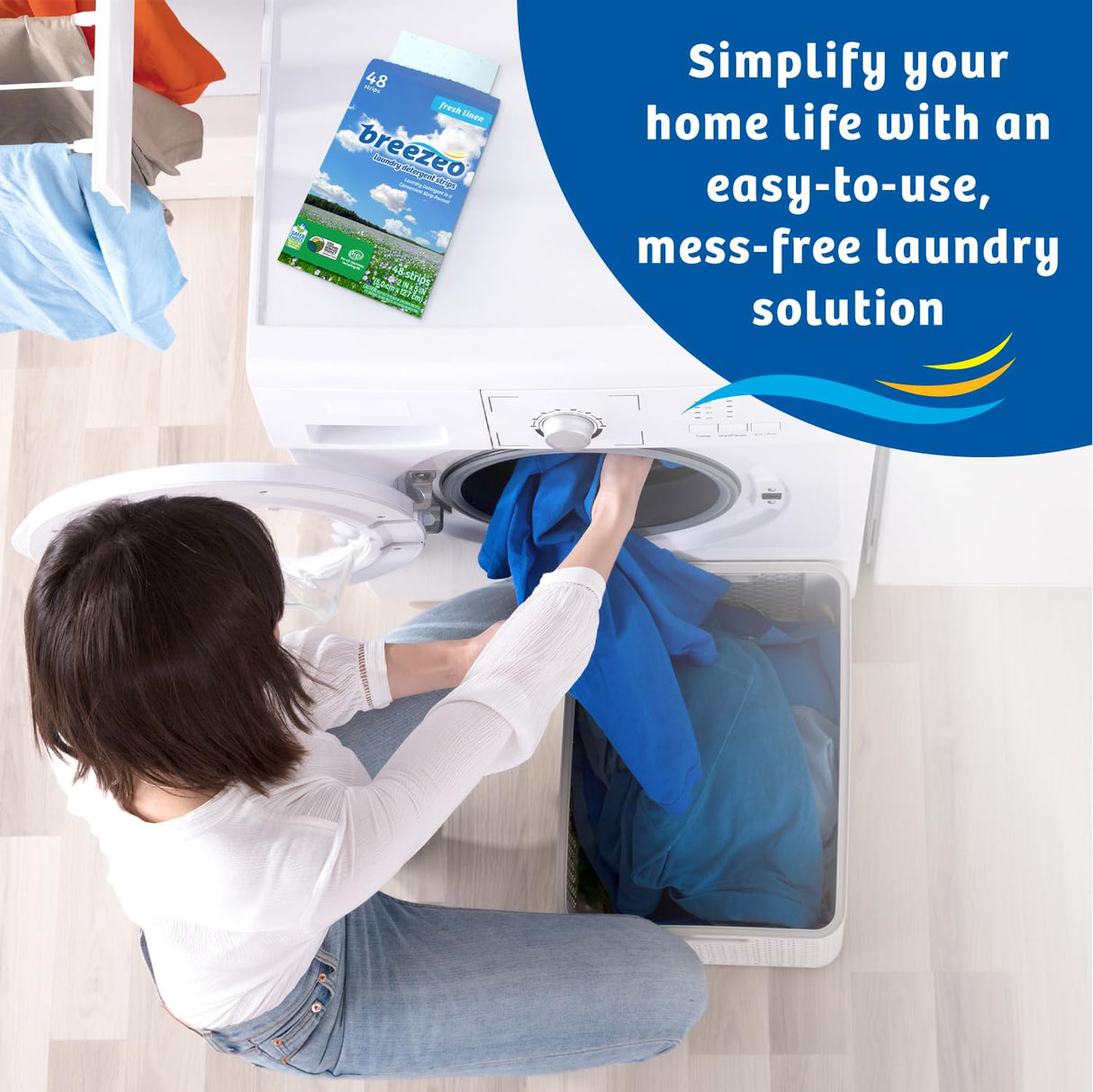 Breezeo Laundry Detergent Strips (48 strips) - Fresh Linen Scent - More Convenient than Pods, Pacs, Liquids or Powders – Great for Home, Dorm, Travel, Camping & Hand-Washing