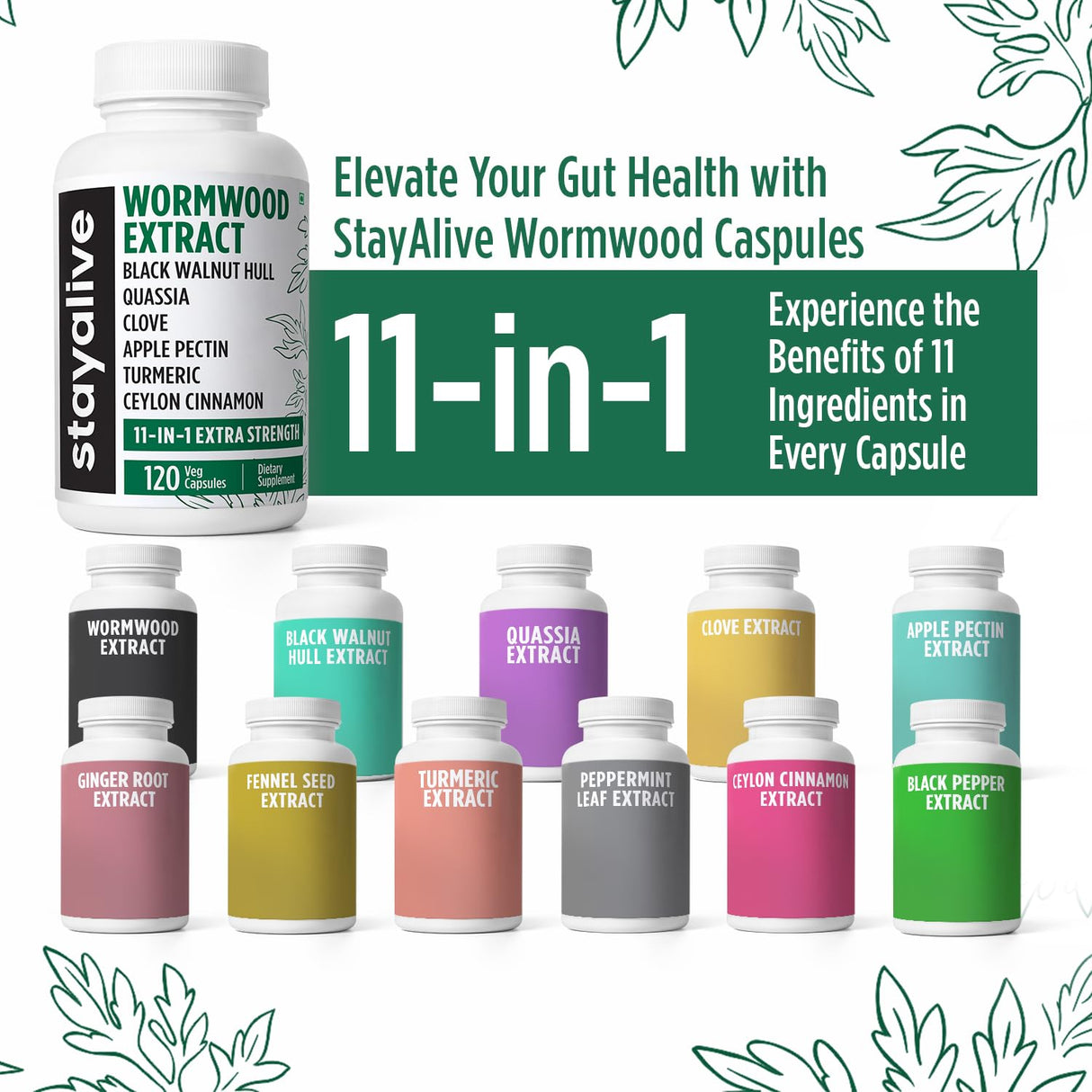 STAY ALIVE Wormwood Black Walnut Clove Cleanse Extract, 11-in-1 Extra Strength Complex, 120 Pills, Herbal Supplement for Adults, Vegan, Non-GMO & Gluten Free Sweet Wormwood Capsules