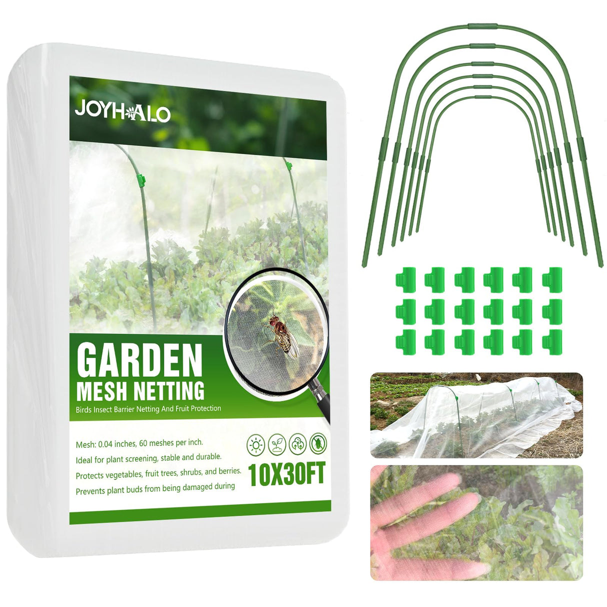6 Sets Garden Hoops with 10x30 Ft Netting for Raised Beds, 18 Clips