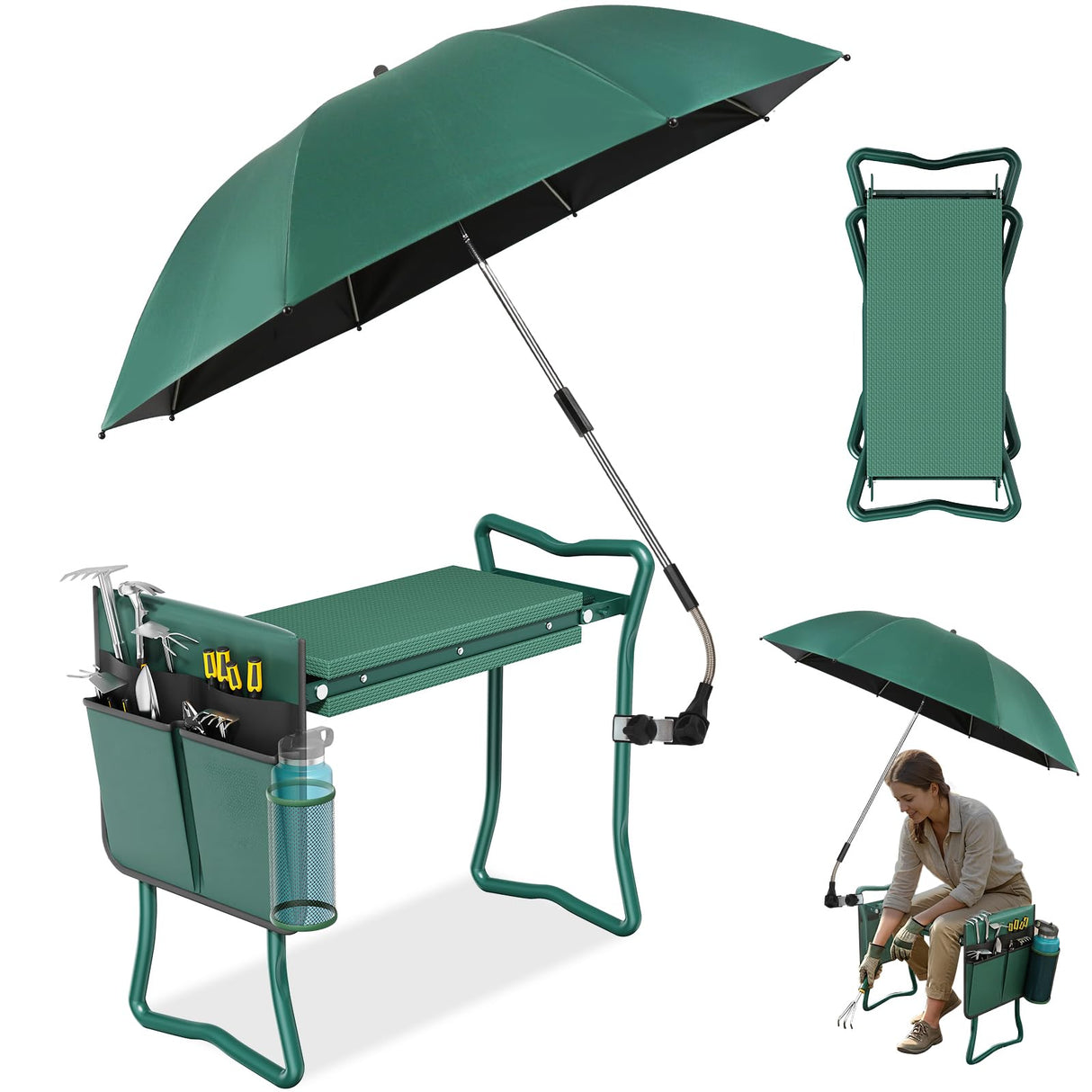 2-in-1 Garden Kneeler with Umbrella, Garden Kneeling Bench & Green Umbrella, Portable Garden Stool Loads Capacity 330lb and Garden Tools Bag with bottle holder, Gardening Gifts for Women,Men,Seniors