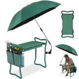 2-in-1 Garden Kneeler with Umbrella, Garden Kneeling Bench & Green Umbrella, Portable Garden Stool Loads Capacity 330lb and Garden Tools Bag with bottle holder, Gardening Gifts for Women,Men,Seniors