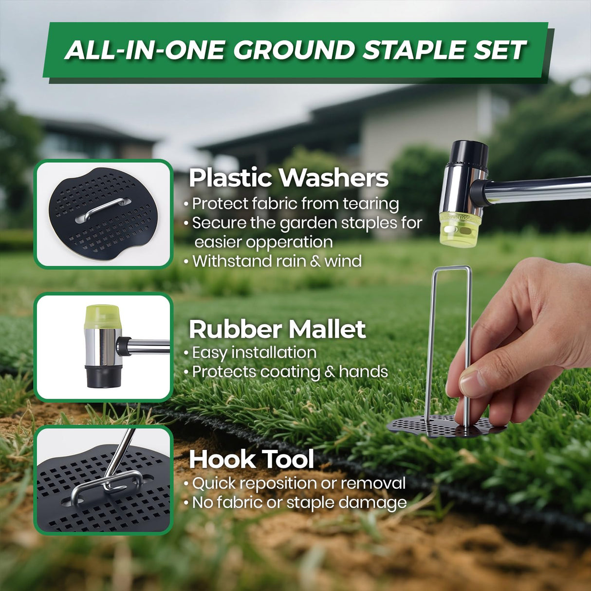 Landscape Staples 50 Pack, 6 Inch 11 Gauge Heavy Duty Galvanized Garden Staples with 50pcs Fixing Washers, Rubber Mallet & Hook Remover, U Shaped Weed Barrier Stakes for Sod, Turf and Lawn