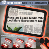 Magnifying Glass for Reading, Rechargeable 5X Large Page Magnifier with Light, Folding Handheld Dimmable Rectangle Lighted Magnifier for Reading Book Small Print for Seniors Low Vision, Orange-Black