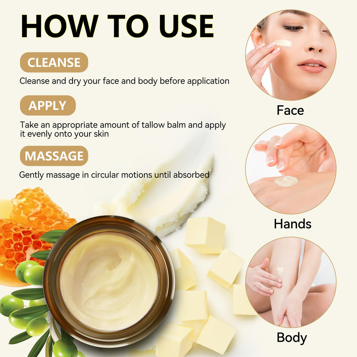 Veakoo Beef Tallow for Skin, Organic Whipped Tallow and Honey Balm, Grass Fed Beef Tallow Face Moisturizer, Natural Tallow Skin Care Cream Body Butter, Nourish and Soothe Dry Skin