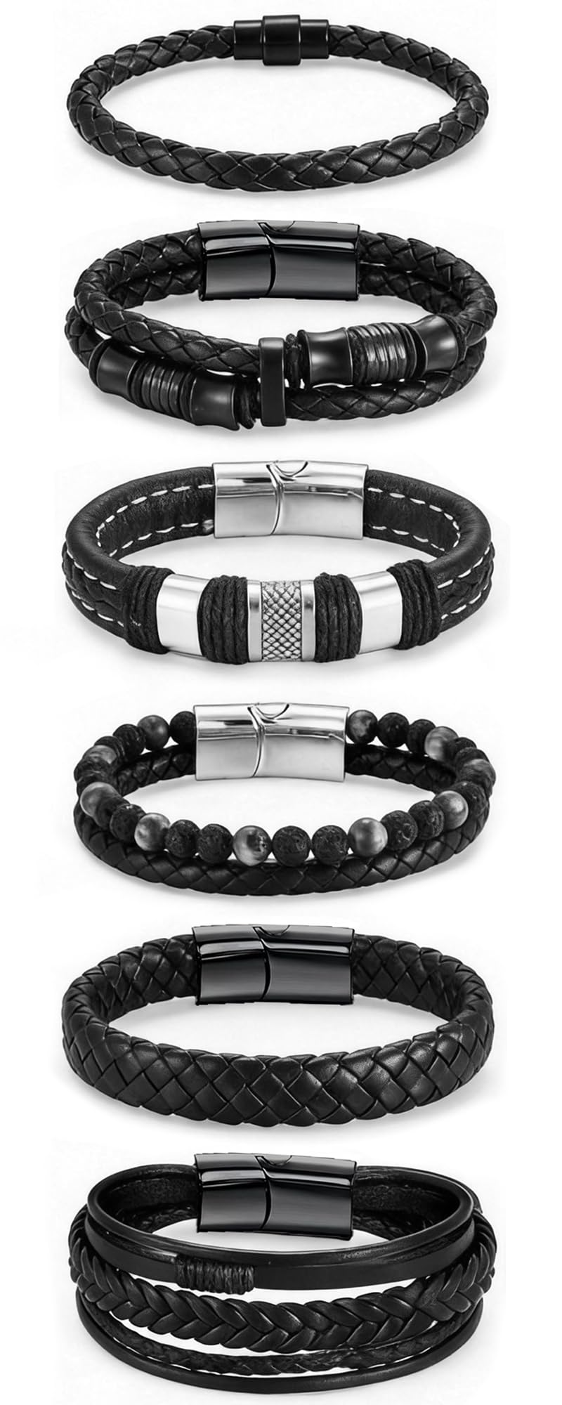 Tiwindx 6 Pcs Leather Bracelet for Men Black Braided Steel Cuff Layered Bracelets Men's Braided Bracelet Set