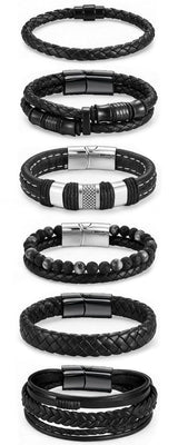 Tiwindx 6 Pcs Leather Bracelet for Men Black Braided Steel Cuff Layered Bracelets Men's Braided Bracelet Set