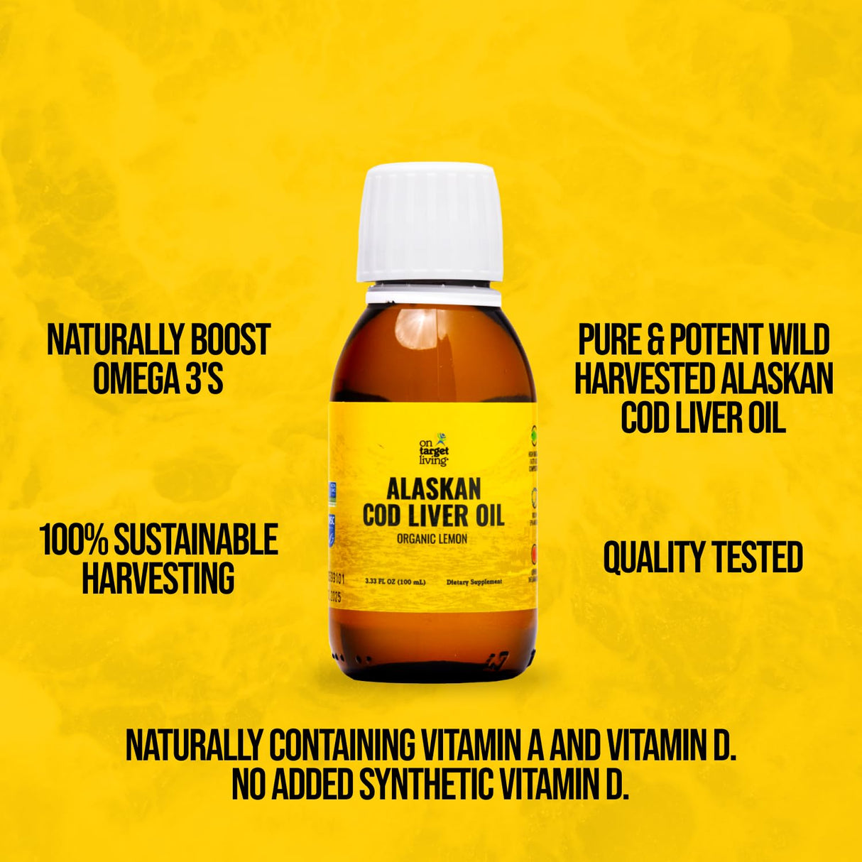 On Target Living Alaskan Cod Liver Oil- Travel Size 3.33 oz. | Naturally Occurring Vitamins A & D | Organic Lemon Flavor | Premium Line Caught Cod Liver Oil