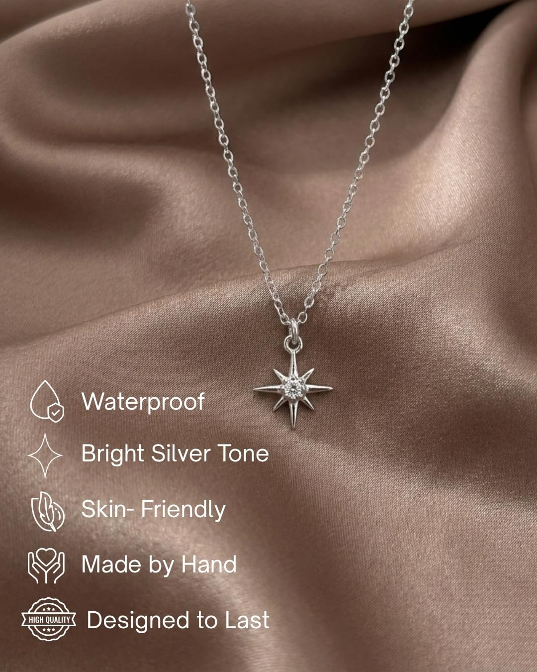 Annika Bella North Star Necklace, Cubic Zirconia Pendant, Silver Chain Necklace, Celestial Jewelry for Women, Gift for Her (1pc)