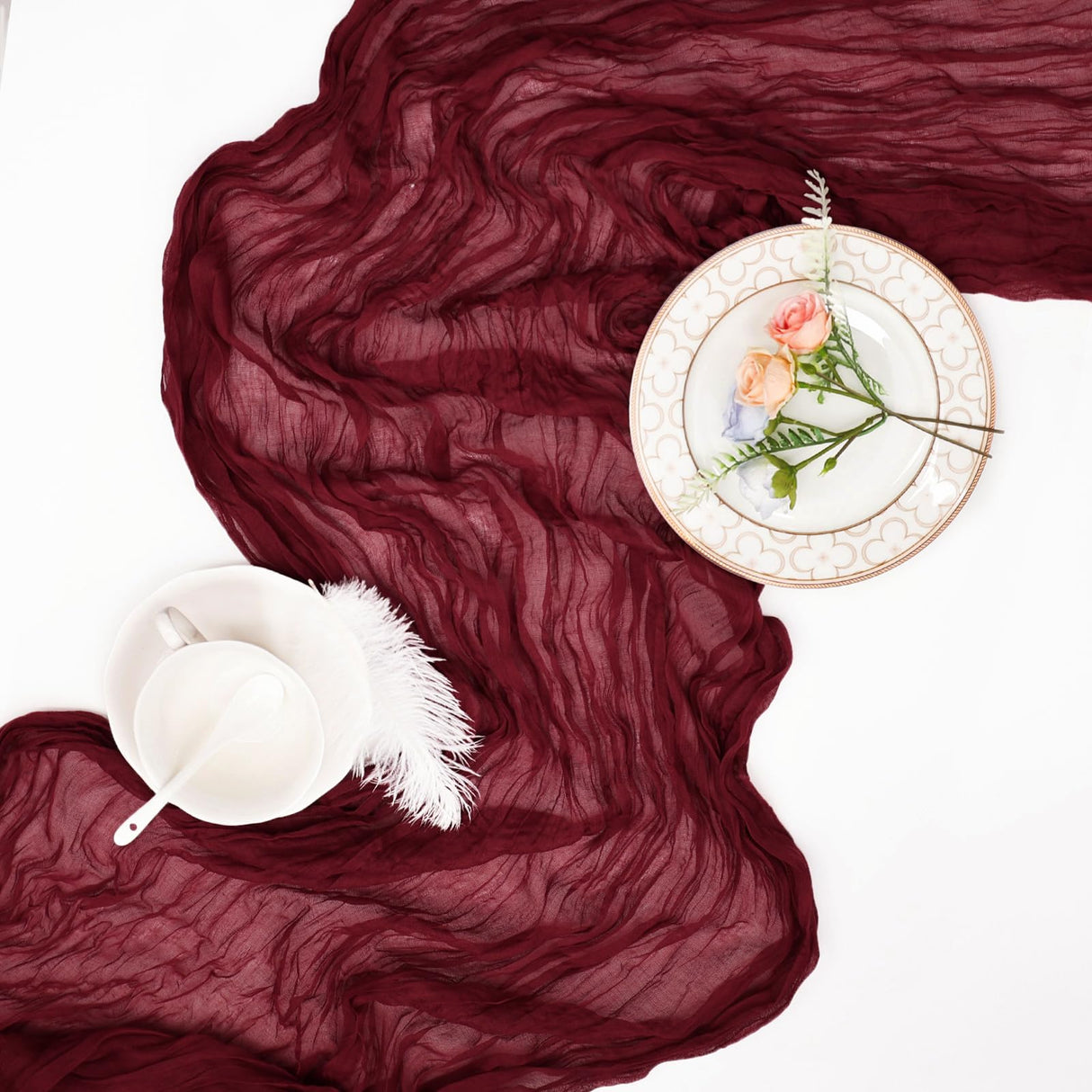 pepmily 8 Pack Burgundy Cheesecloth Christmas Table Runner 10ft Boho Gauze Fabric 120 Inch Cheese Cloth Table Runner Rustic Sheer for Thanksgiving Wedding Decor Party Table Centerpiece Decoration