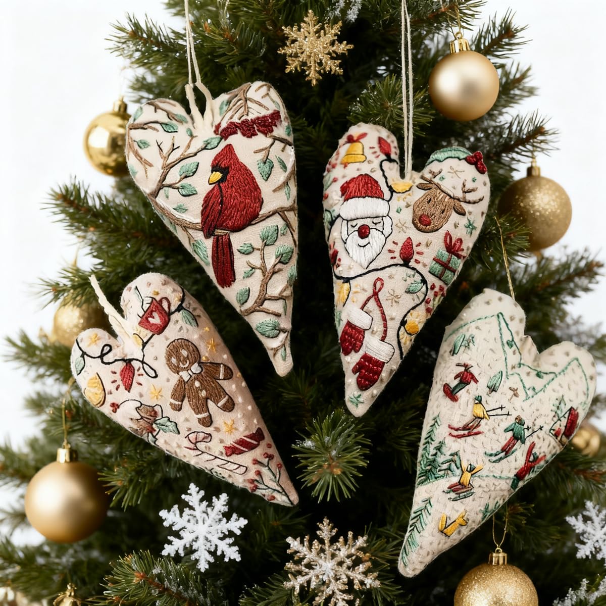 TIMLIFE DIY Heart Shaped Hand Embroidered Christmas Ornament Kit, 2026 New Embroidery Christmas Ornament Kits, Handmade Tree Decoration for Holiday Decorations, Winter Decor (4PCS)