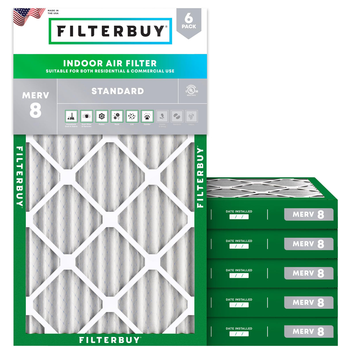 Filterbuy 18x30x2 Air Filter MERV 8 Essential Dust & Allergy Defense (6-Pack), Electrostatic Pleated HVAC AC Furnace Filters Replacement (Actual Size: 17.50 x 29.50 x 1.75)