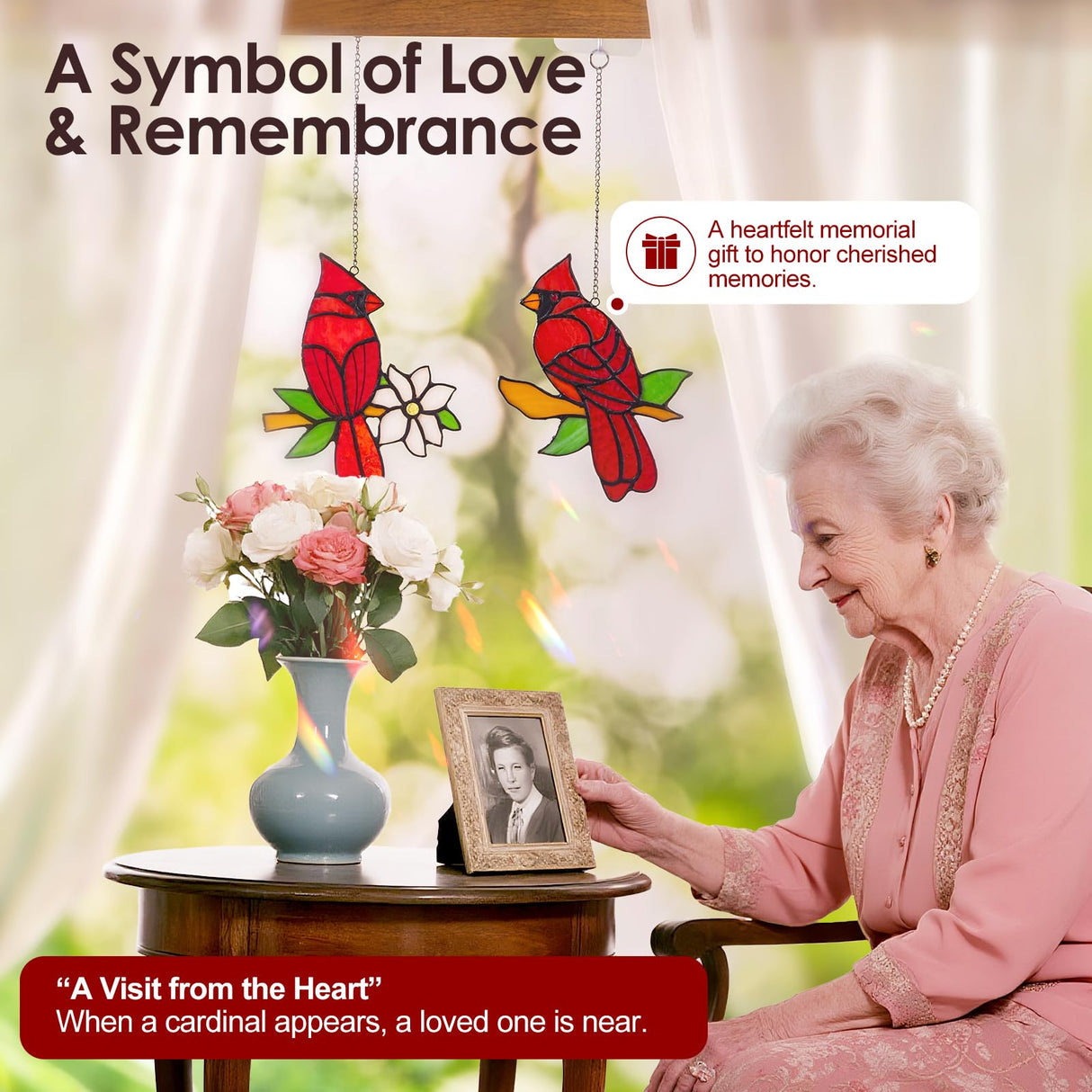 Calmpathz 2 Pcs Cardinal Stained Glass Window Hanging Suncatchers, Sympathy Gifts for Loss of Loved One, Unique Nana Grandma Memorial Gift, Bird Decor & Christmas Ornament (6 Inch)