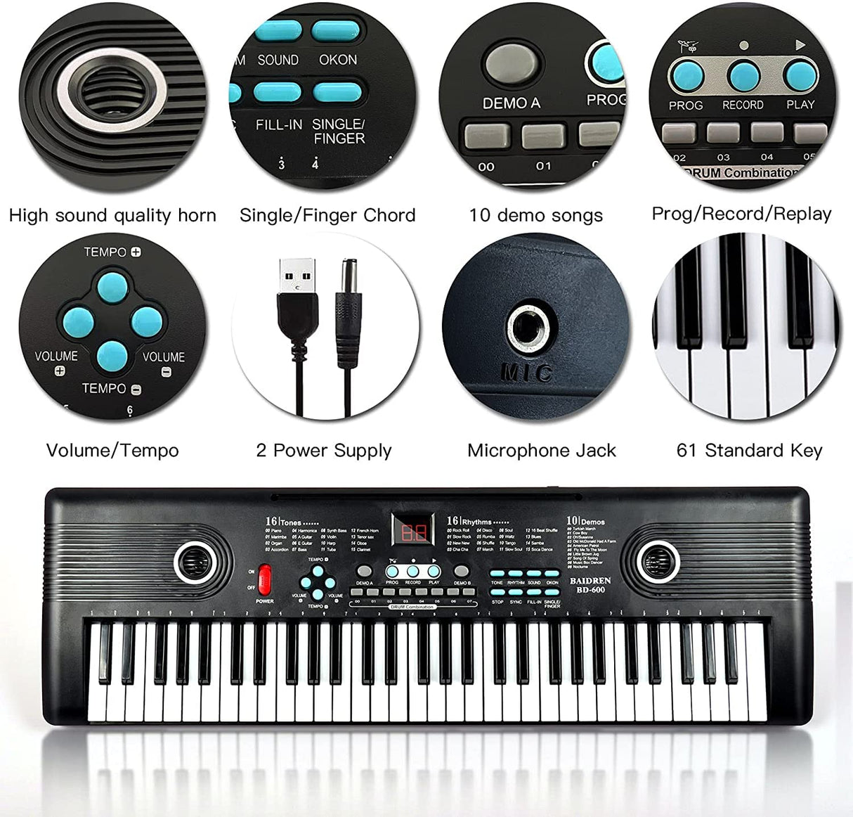 61 Key Keyboard Piano, Electric Piano Keyboard with Built-in Dual Speakers, External Microphone & Power Adapter - Portable Electronic Digital Piano for Beginners & Christmas Gift