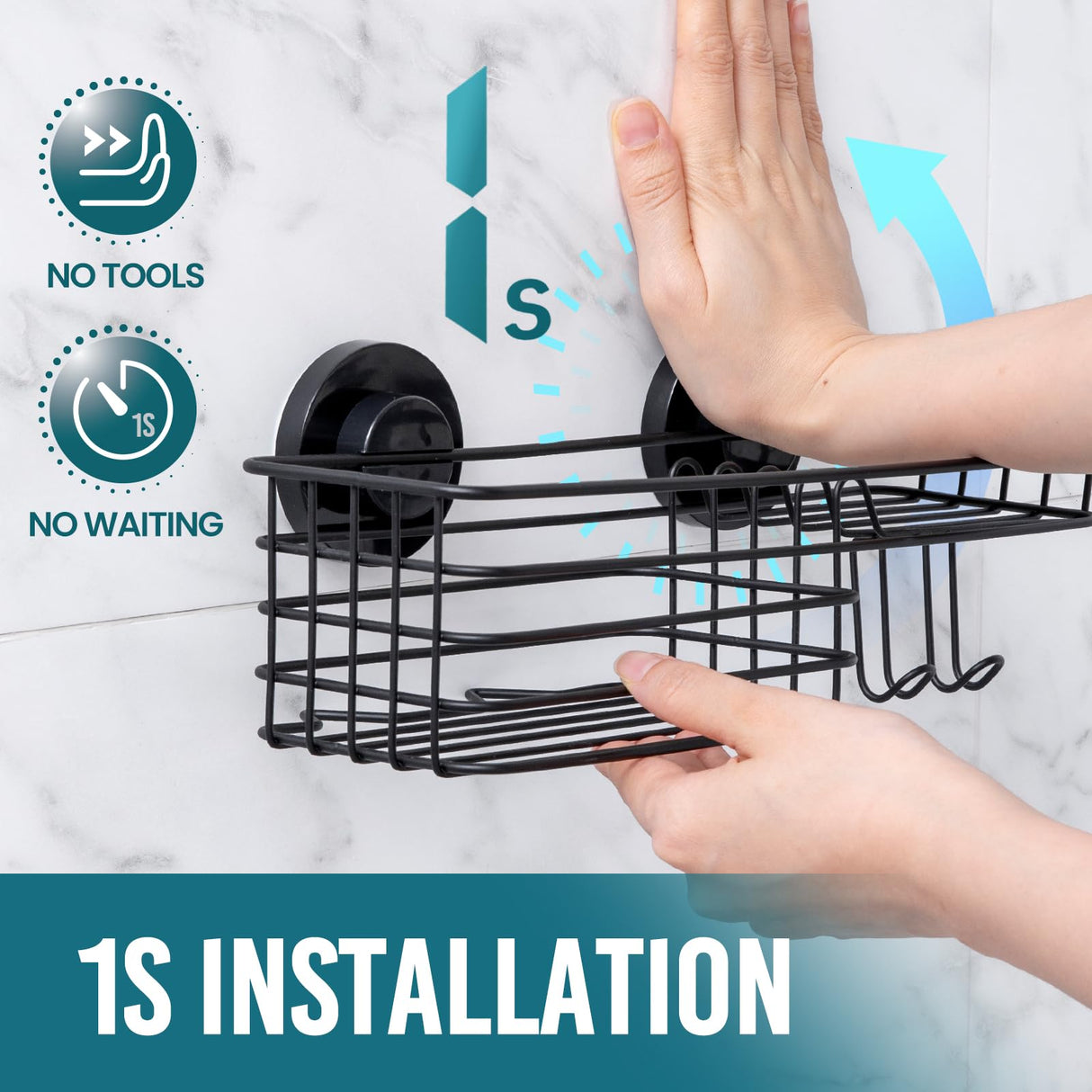 TAILI Shower Caddy Suction Cup with Hooks and Soap holder, Heavy Duty Bathroom Shower Organizer, No Drilling Bathroom Holder with Large Capacity, Metal Black Storage Basket
