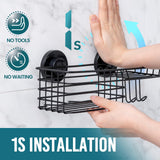 TAILI Shower Caddy Suction Cup with Hooks and Soap holder, Heavy Duty Bathroom Shower Organizer, No Drilling Bathroom Holder with Large Capacity, Metal Black Storage Basket
