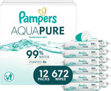 Pampers Aqua Pure Baby Wipes, Unscented, Fragrance Free, 99% Water, Water Based, Multi-Use, 672 Wipes Total (12X Flip-Top Packs)