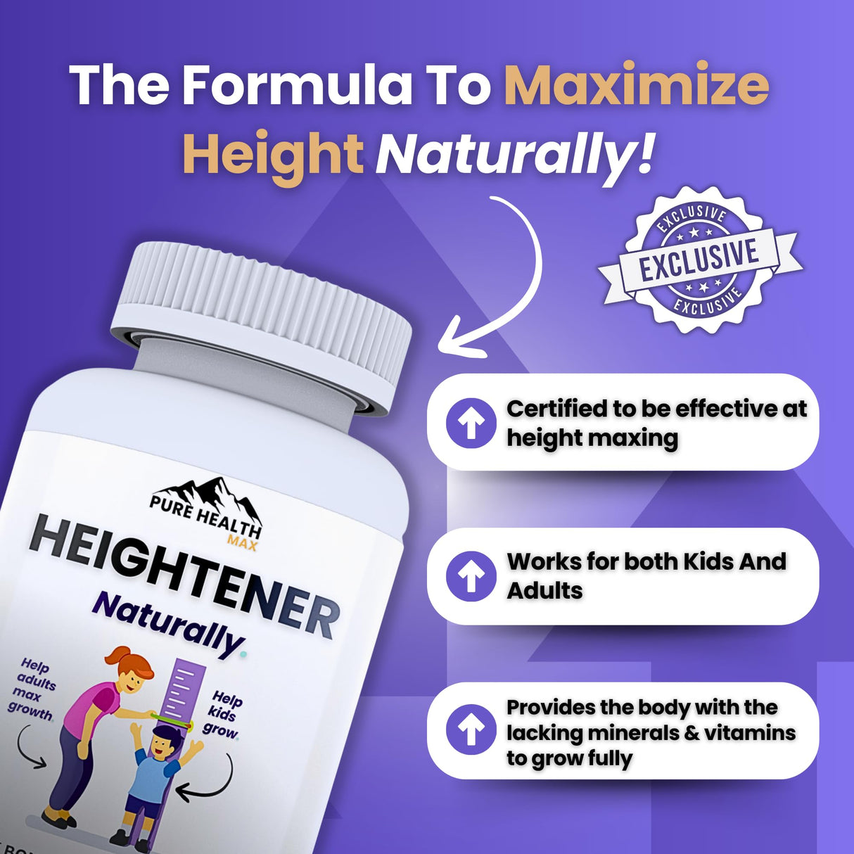 Heightener - Natural Height Growth Supplement for Kids, Teens and Adults to Increase Bone Strength and Grow Taller | Height Maximizer Pills with L-Arginine, Calcium & Zinc | 60 Capsules