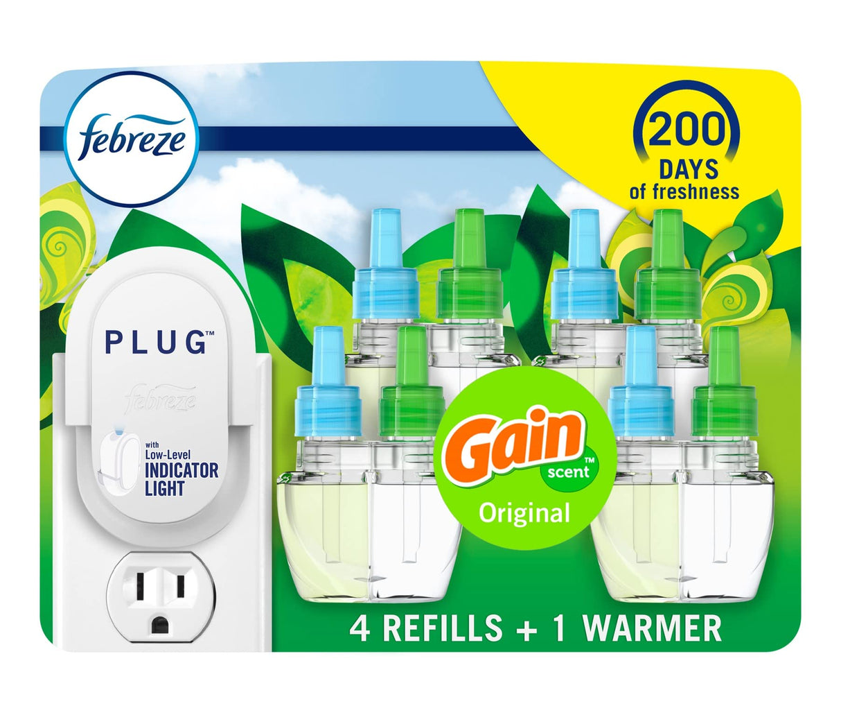 Febreze Plug In Air Freshener, Odor-Fighting Scented Oil Starter Kit, Air Fresheners for Home and Bathroom and Kitchen, Long Lasting for Strong Odors, Gain Original Scent, Warmer + 4 Refill
