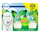 Febreze Plug In Air Freshener, Odor-Fighting Scented Oil Starter Kit, Air Fresheners for Home and Bathroom and Kitchen, Long Lasting for Strong Odors, Gain Original Scent, Warmer + 4 Refill