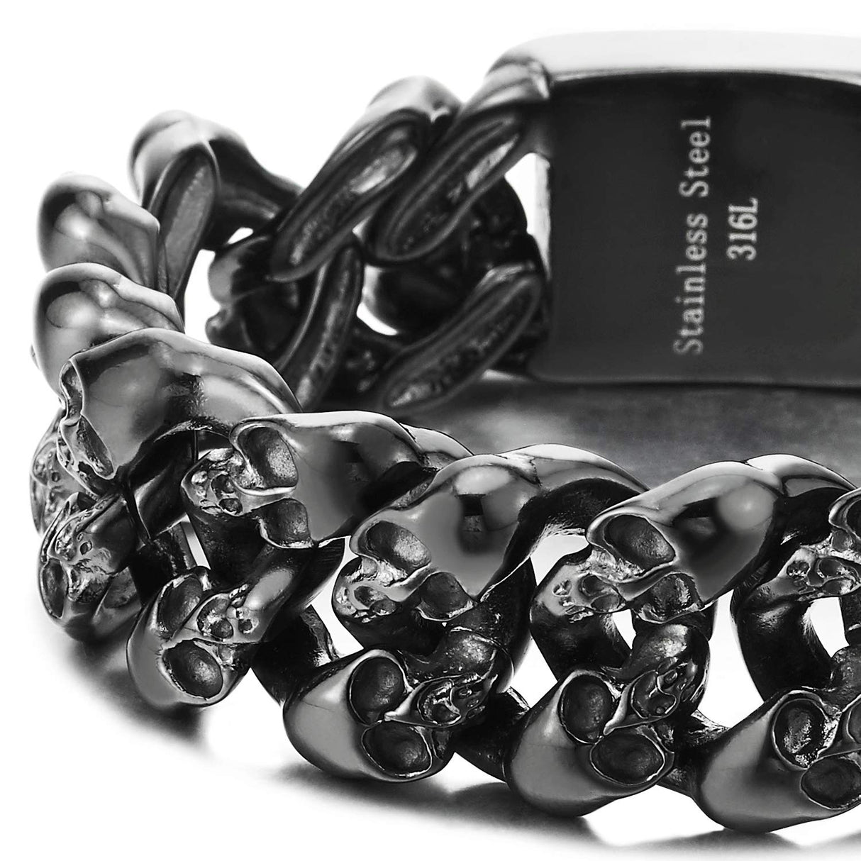 COOLSTEELANDBEYOND Men's Black Stainless Steel Skull Cuban Link Bracelet, Rugged Gothic Biker Chain, Heavy-Duty Jewelry, Secure Box Clasp