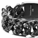 COOLSTEELANDBEYOND Men's Black Stainless Steel Skull Cuban Link Bracelet, Rugged Gothic Biker Chain, Heavy-Duty Jewelry, Secure Box Clasp