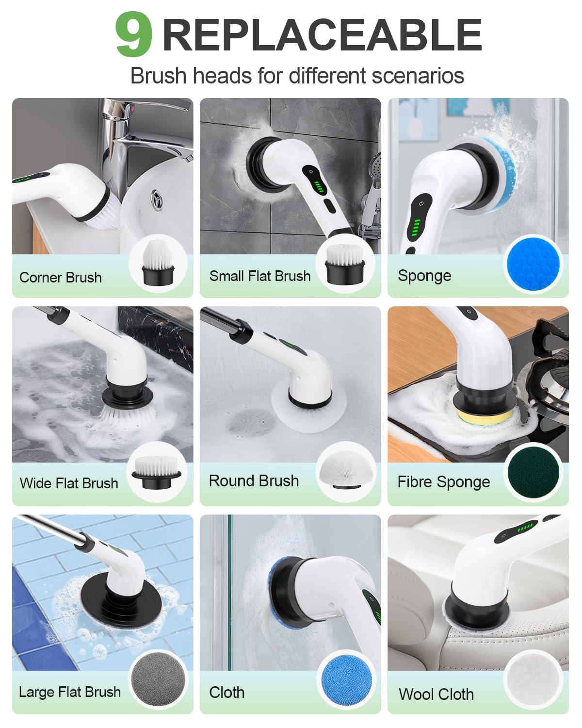 Electric Spin Scrubber, Cordless Power Cleaning Brush with 9 Replaceable Brush Heads, Bathroom Scrubber with Extension Arm, 2-Speed Motorized Tile Floor Scrubber for Tub, Sink, Wheel, White-ra1