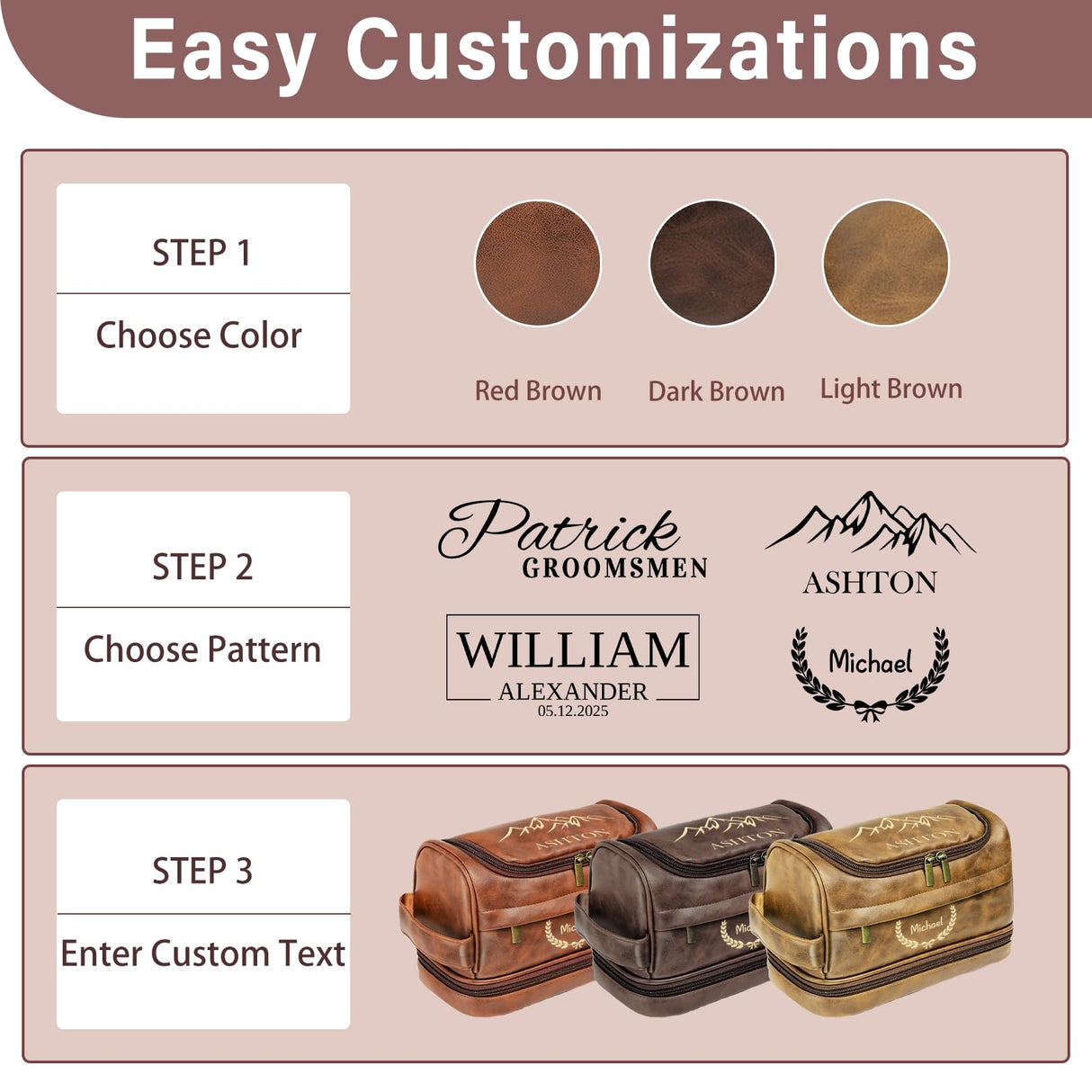 Personalized Toiletry Bag for Men, Gifts for Men, Christmas, Custom Leather Travel Shave Kit Cosmetic Hygiene Bag, Engraved Pattern Text, Ideal for Him, Dad, Groomsmen, Birthday, Anniversary, Father