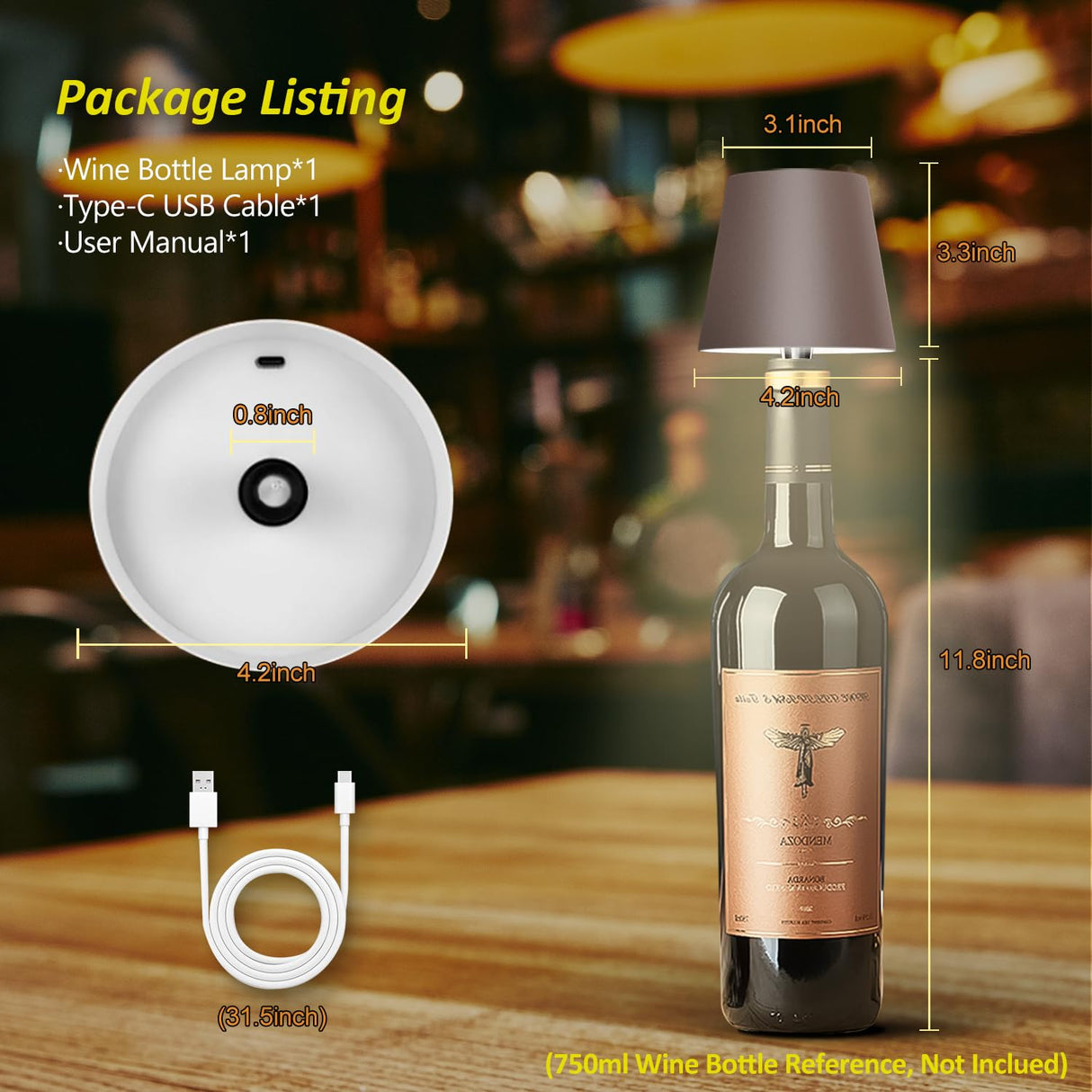Hoide 2025 New Wireless Bottle Lamp - LED Bottle Lights for Liquor & Wine Bottles, Cordless Lampshade, Whiskey Bottle Top Light, Bottle Stopper Night Light Kit, Rechargeable 3-Tone Touch-Dimmable