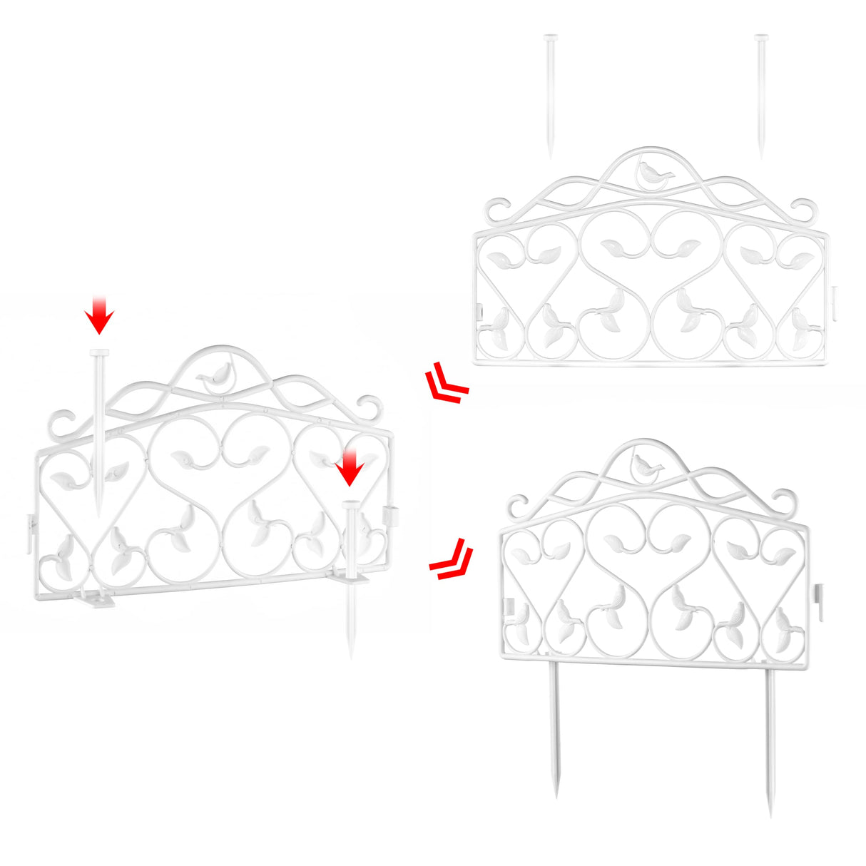 Evelyne Decorative Garden Border Plastic Edging – PP Plastic, Short Metal-Free Faux Wrought Iron Leaf & Bird Design, 8pcs Yard Landscaping Fence Liner Lawn Edge Barrier, 10ft Kit of Decorative Panels