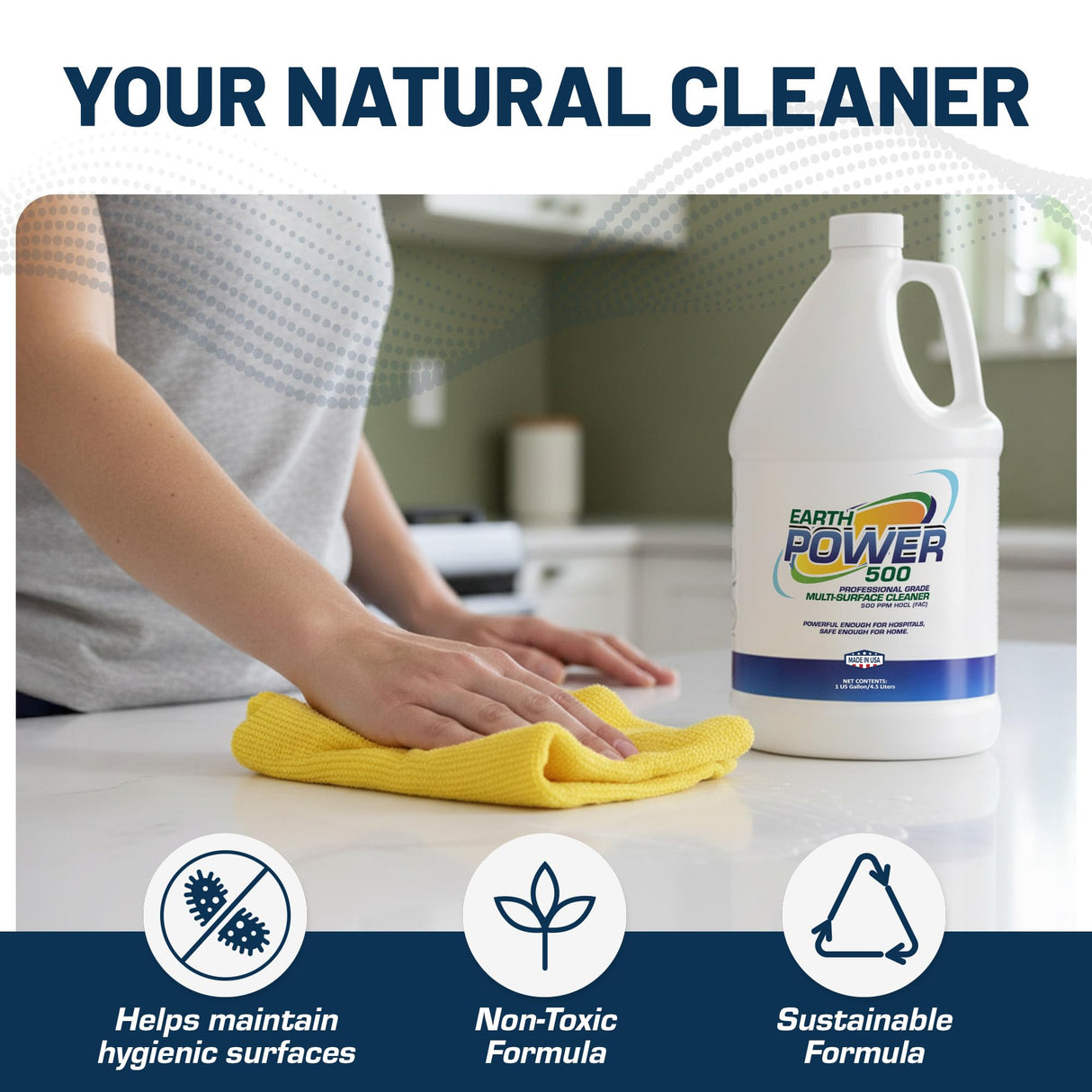 Earth Power Hypochlorous Acid 500 PPM Multipurpose Cleaner – Natural & Non-Toxic – Tile, Refrigerator, Shower, Countertop & Floor Cleaner – Family, Food & Pet Safe Cleaning Supplies – 1 Gallon