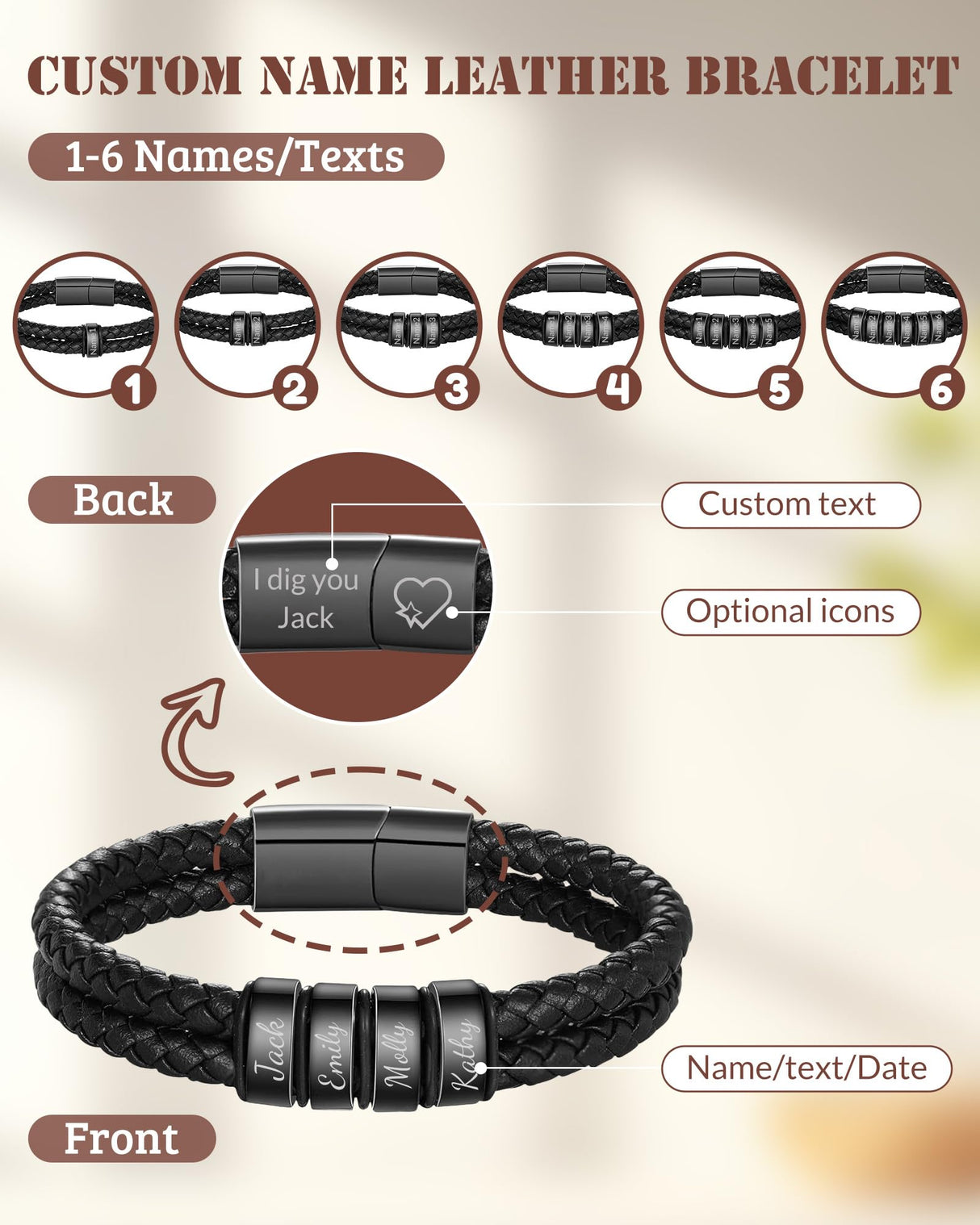 Personalized Braided Leather Bracelets Custom Leather Name Bracelet engraved with 1-6 Names for Men Gifts for Christmas Valentines Fathers Day Birthday Anniversary Boyfriend Grandpa (Black)
