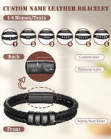 Personalized Braided Leather Bracelets Custom Leather Name Bracelet engraved with 1-6 Names for Men Gifts for Christmas Valentines Fathers Day Birthday Anniversary Boyfriend Grandpa (Black)