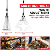 Leaf Rake Adjustable 23" to 75" - Stainless stelel Rake for Leaves, Garden Tools for Yard Lawn Shrub Garden Beds, Rastrillo para Jardin