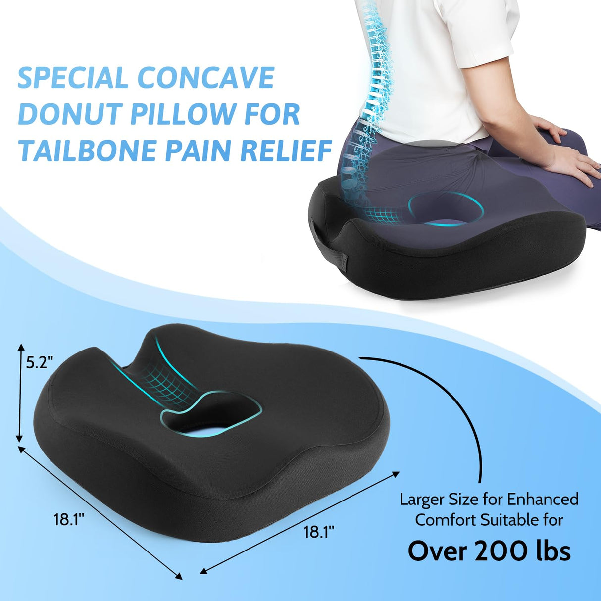 Donut Pillow, Hemorrhoid Pillow for Sitting, Donut Pillow for Tailbone Pain Relief Cushion, Two Humps Hip Comfortable Design, Doughnut Pillow, Butt Pillows for Postpartum Pregnancy, XL Size Black