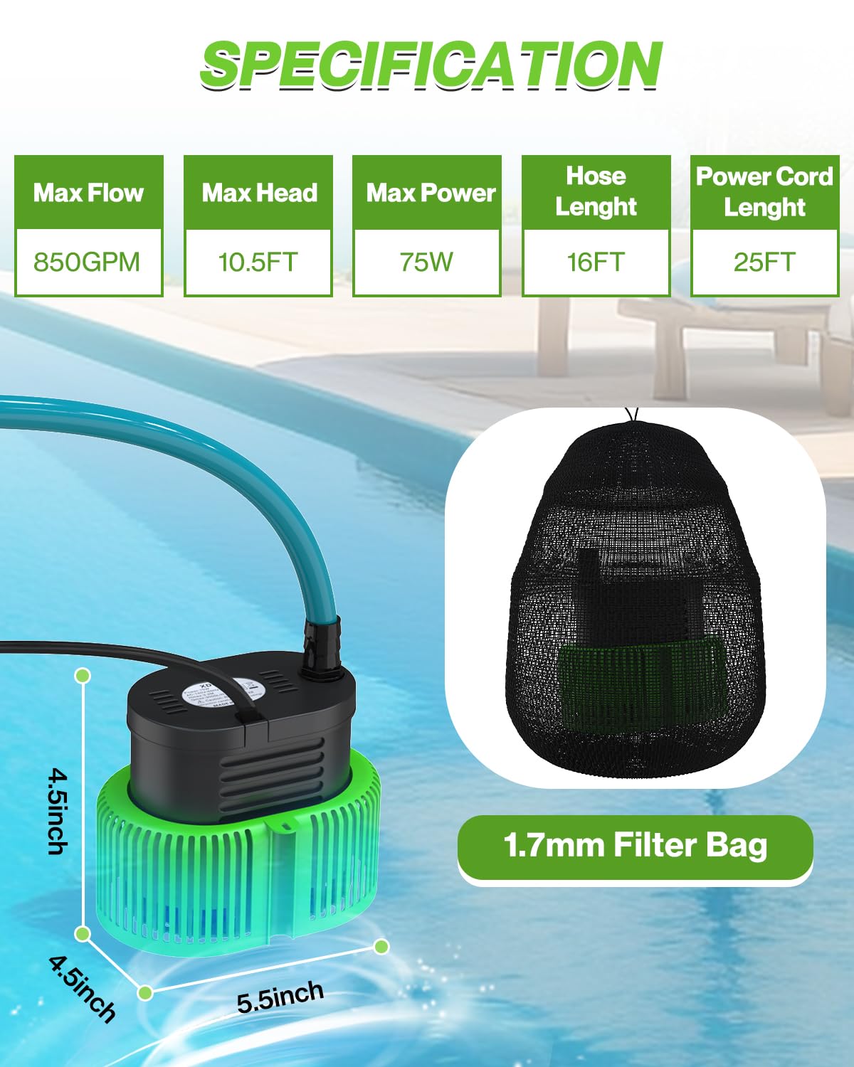 Pool Cover Pump above Ground - Submersible Water Sump Pump Swimming Water Removal Pumps, with Drainage Hose & 25 Feet Extra Long Power Cord, 850 GPH inGround, 3 Adapters