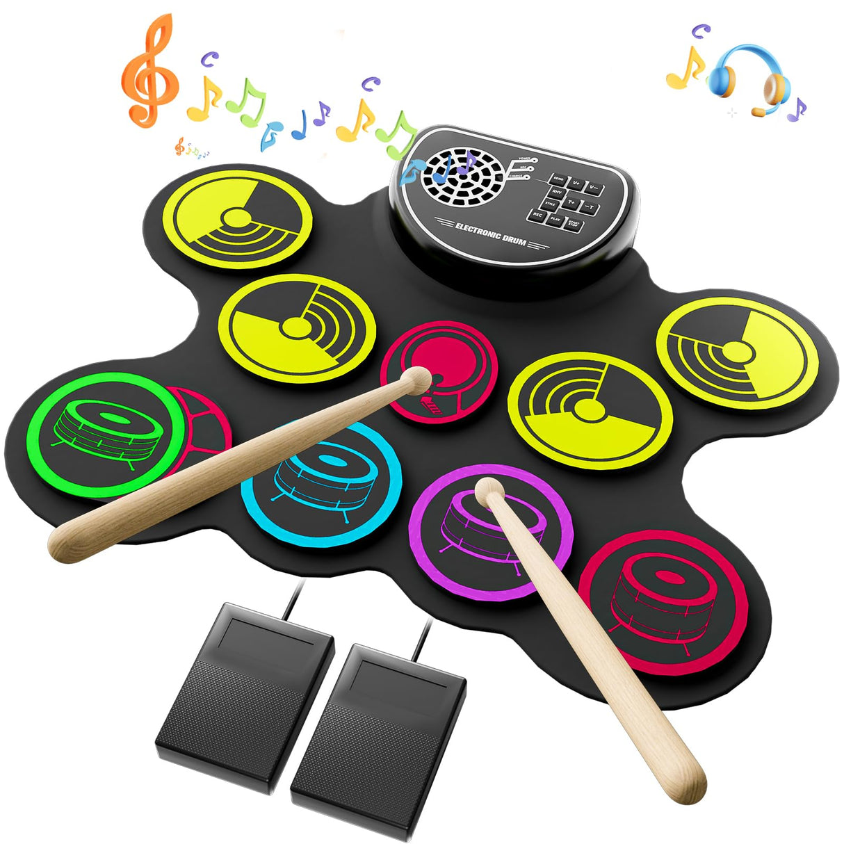 Miortior Electronic Drum Set, 10 Pads Roll-up Drum Practice Pad with Drum Pedals & Sticks, Built-in Speaker with Headphone Jack, Great Christmas & Birthday Gift for Kids