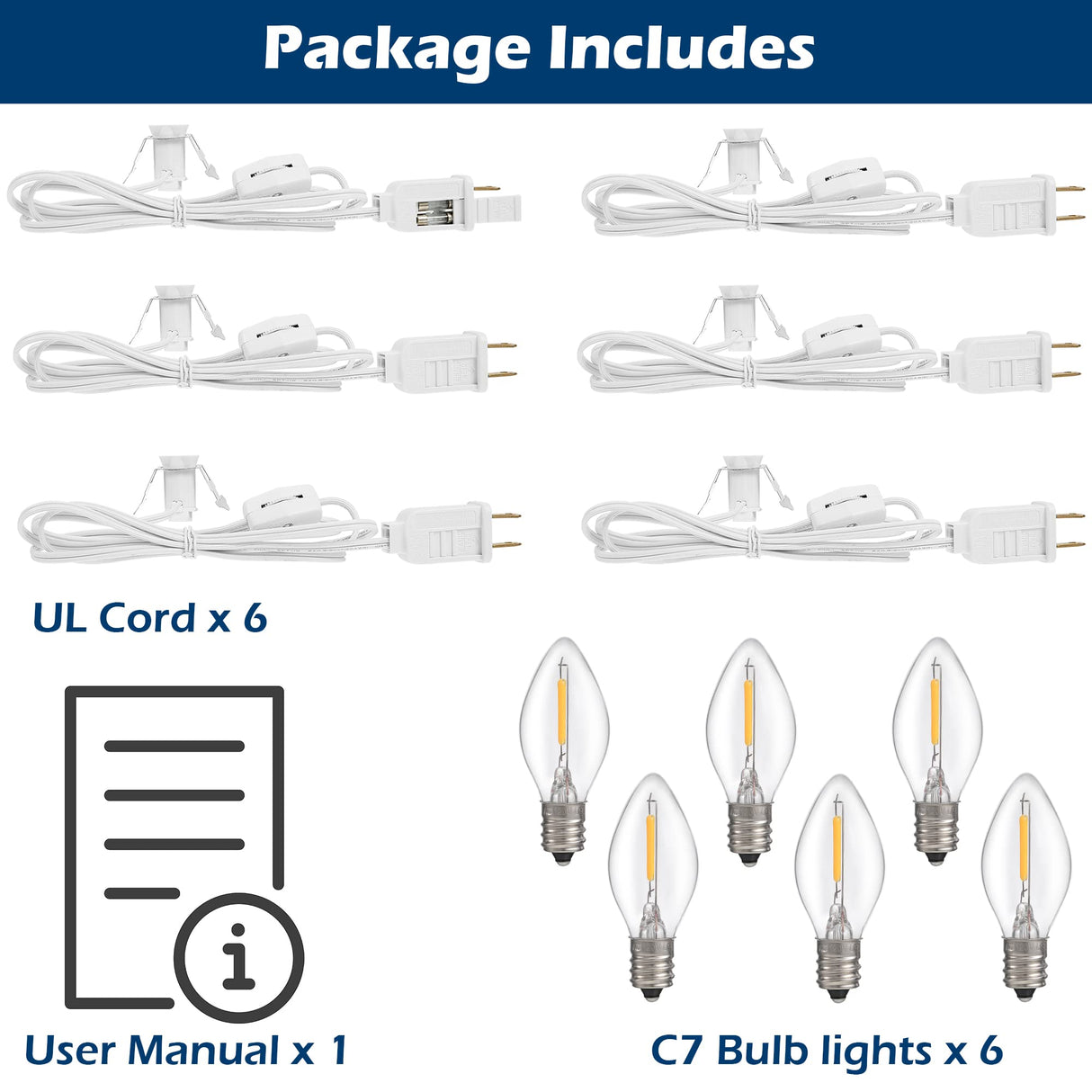 6 Packs 6ft Village Light Cord with 1W C7 LED Bulb, Salt Lamp Cord with ON/Off Switch and 2 Spare Fuses, Blow Mold Light Ideal for Christmas Village House Craft Decorations